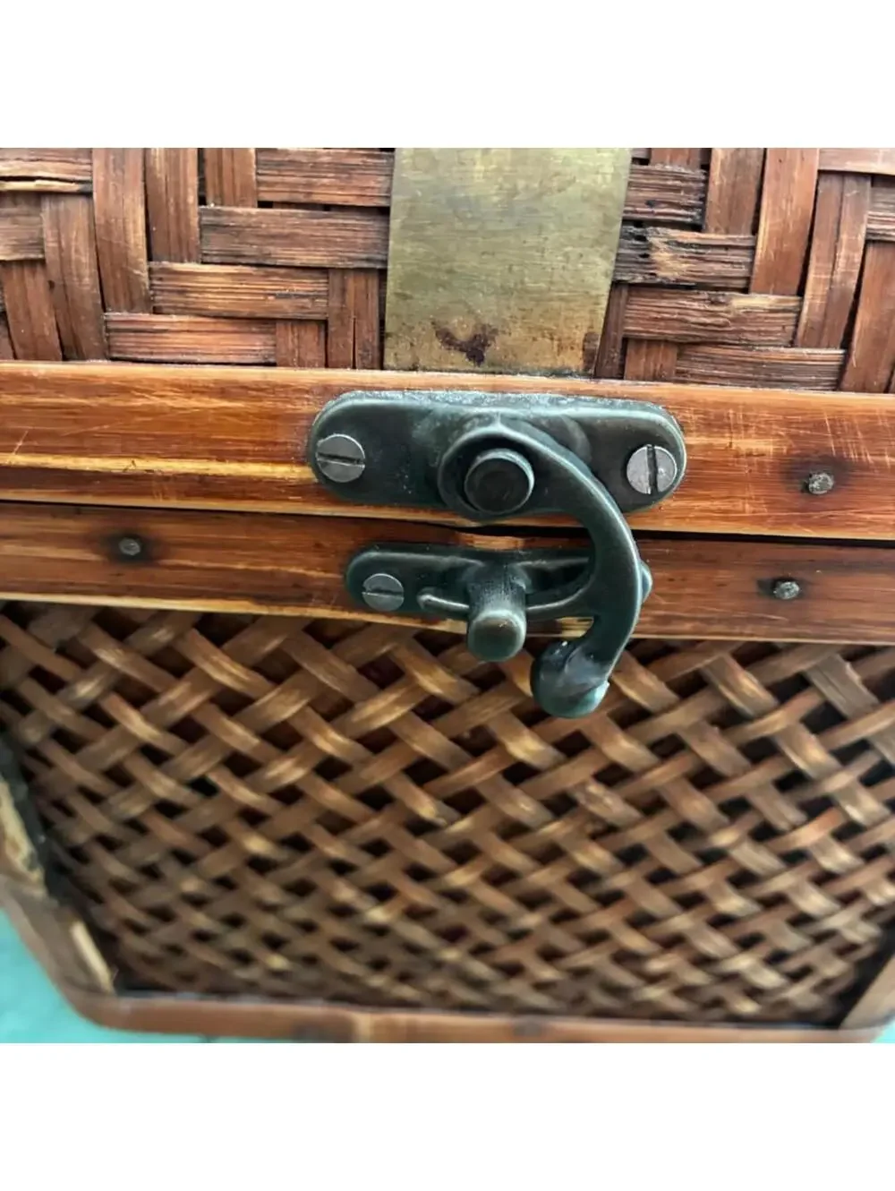 Vintage Octagonal Woven Bamboo Storage Box Basket Chest Brass Latch Asian Decor